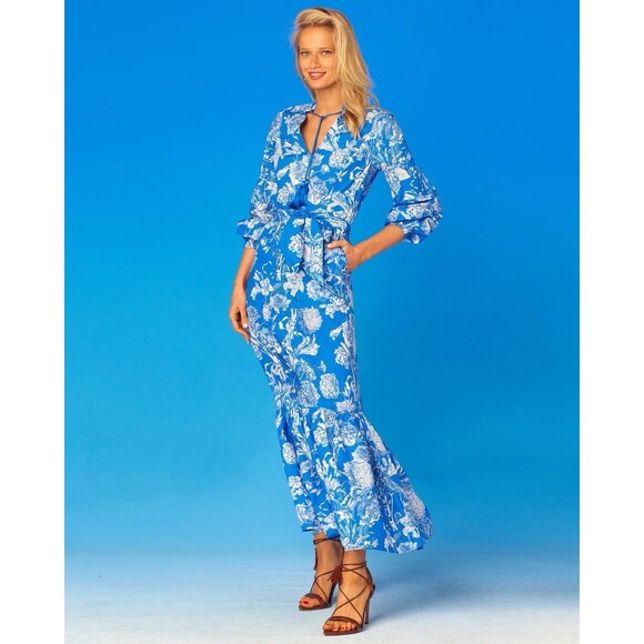 NicoBlu Camille Long Ruffle Dress Blue & White Flora Toile (Broken Zipper) Read - Picture 1 of 14
